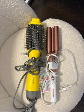Drybar Yellow Round Hot Air Brush & Rose Gold Triple Barrel Crimper Bundle